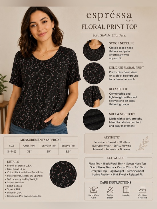 espressa Tops - Espressa Black Floral Scoop Neck Blouse